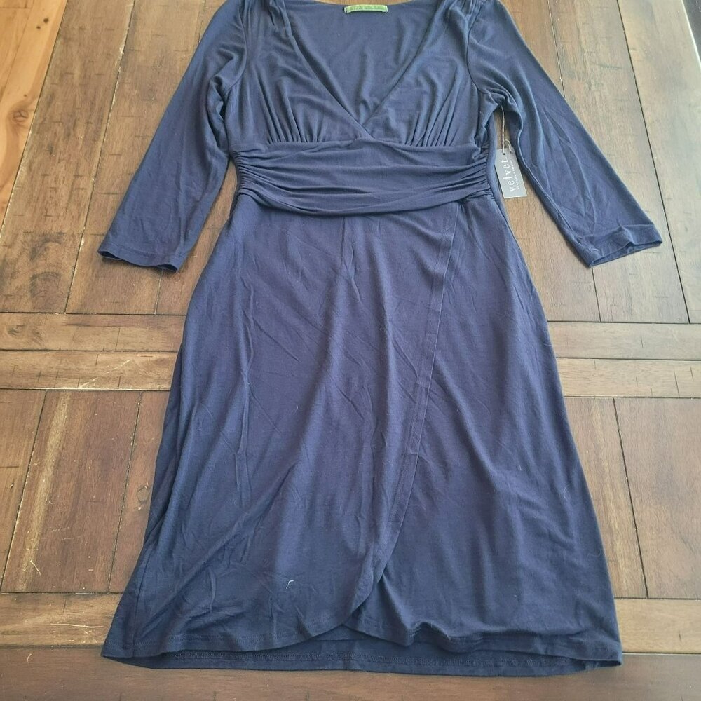 Velvet Dark Blue V-Neck Long Sleeve Midi Dress Size M - Picture 4 of 8